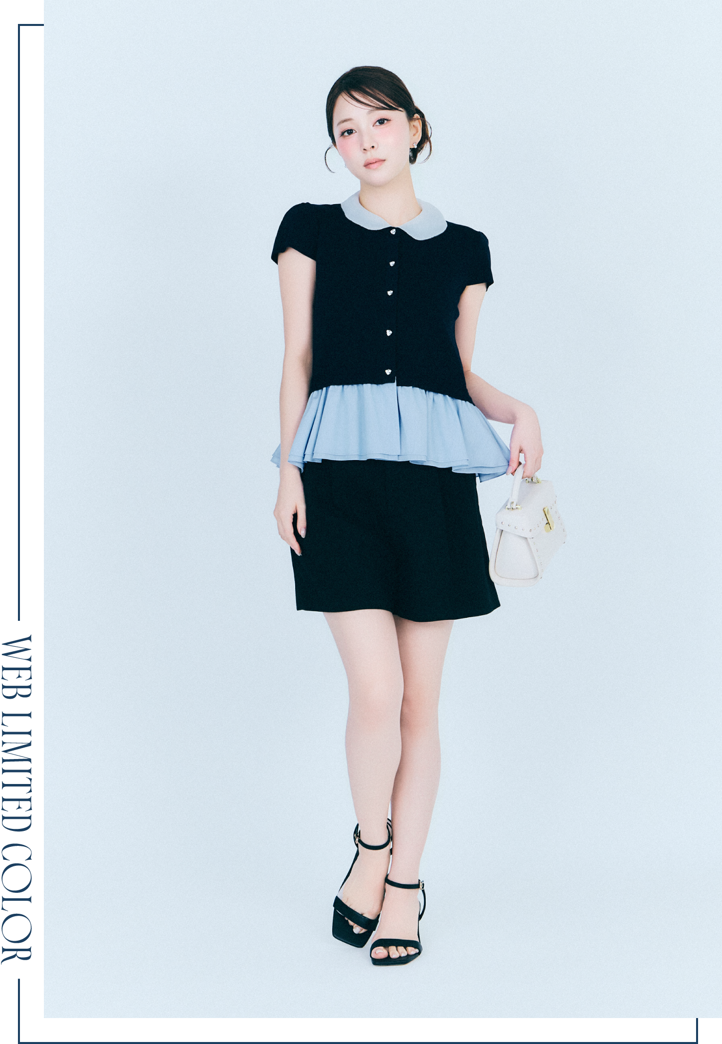 【WEB限定カラー】デタッチャブルペプラムカーディガン、【洗える】バリエーションショートパンツ、Cロゴビジューパールプチピアス、【リュタン】ビジュースタッズポシェット、レザーベルトサンダルの着用イメージ